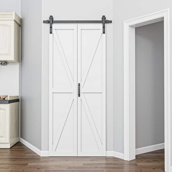36 in. x 84 in. PaneLED K Shape Solid Core White Finished Composite MDF Bifold Door with Bifold Barn Door Hardware