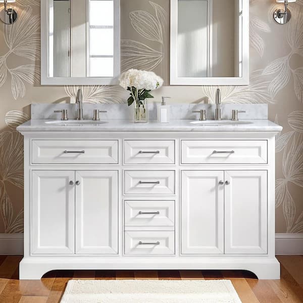 Home Decorators Collection Windlowe 61 in. Double Sink White Bath Vanity with White Carrara White Marble Top (Assembled)