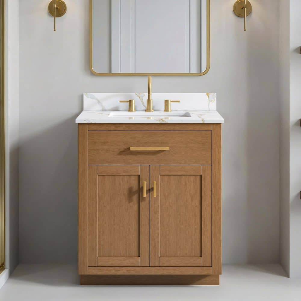 Brockham 30 in. Single Sink Freestanding Bathroom Vanity in Caramel Oak with Calacatta Gold Quartz Top (Assembled)