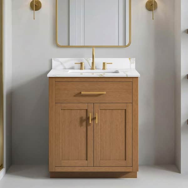 Brockham 30 in. Single Sink Freestanding Bathroom Vanity in Caramel Oak with Calacatta Gold Quartz Top (Assembled)