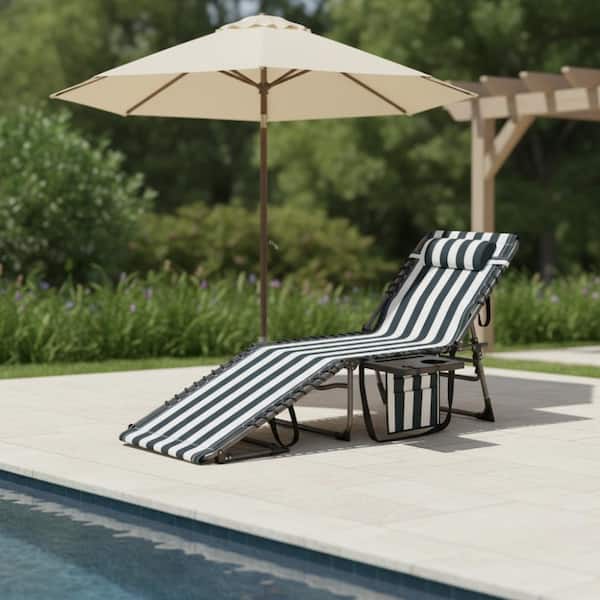 JPJPUU Gray Outdoor Folding Chaise Lounge Chair with Side Pocket