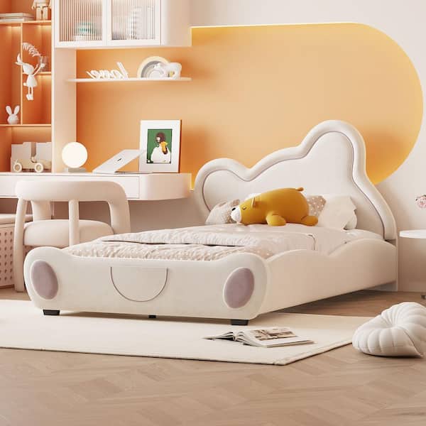Harper & Bright Designs Beige Wood Frame Twin Velvet Upholstered Platform Bed with Bear-Shaped Headboard and Footboard, Bed-End Storage Pocket