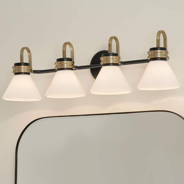 KICHLER Farum 34 in. 4-Light Black with Champagne Bronze Modern Bathroom Vanity Light with Opal Glass Shades
