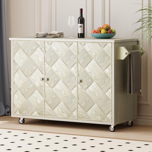 51.2 in. W Champagne Wood Kitchen Cart with Ash Venee, Kitchen Island with Drop Leaf and Storage Rack