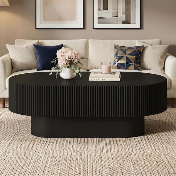 48.4 in. Black Modern Fluted Oval Wood Coffee Table w/ 10.7 in. Thick Top, Cream Style Drum Center Table, Easy Assembly