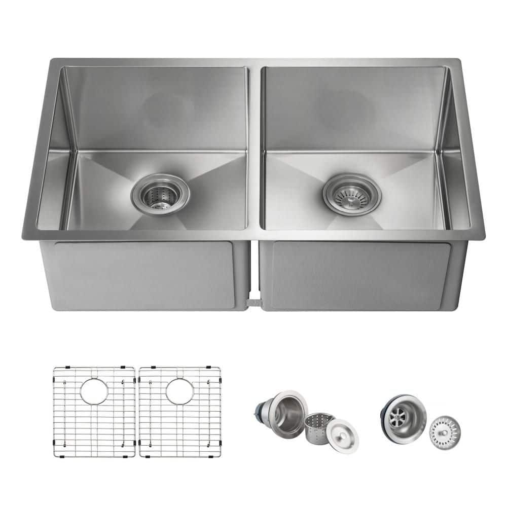 Kitchen Sink 32 in. Undermount Double Bowl 16 Gauge Satin Stainless Steel and Bottom Grids Strainer price history on PriceWatchPro