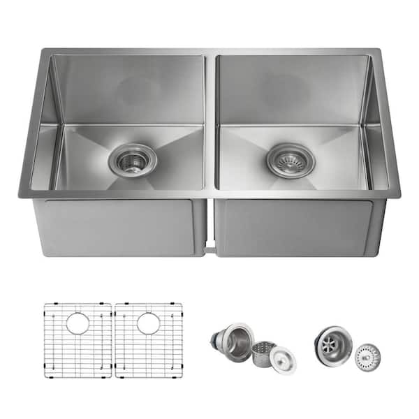 Kitchen Sink 32 in. Undermount Double Bowl 16 Gauge Satin Stainless Steel and Bottom Grids Strainer