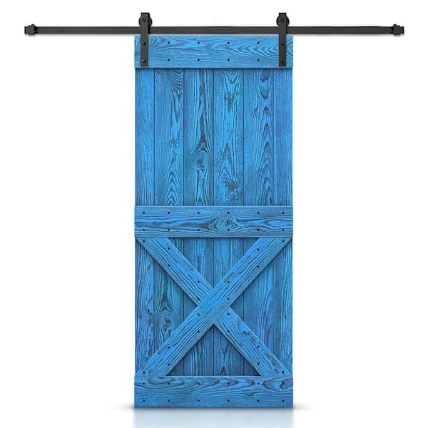 CALHOME 26 in. x 84 in. Ready To Hang Wire Brushed Blue Thermally Modified Solid Wood Sliding Barn Door with Hardware Kit