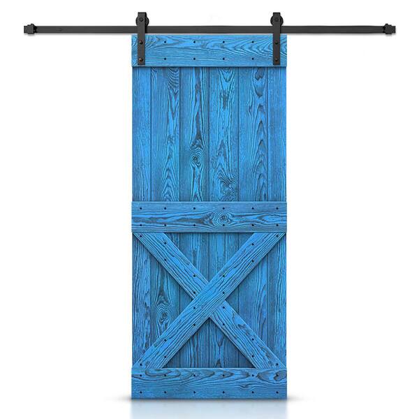 CALHOME 48 in. x 84 in. Ready To Hang Wire Brushed Blue Thermally Modified Solid Wood Sliding Barn Door with Hardware Kit