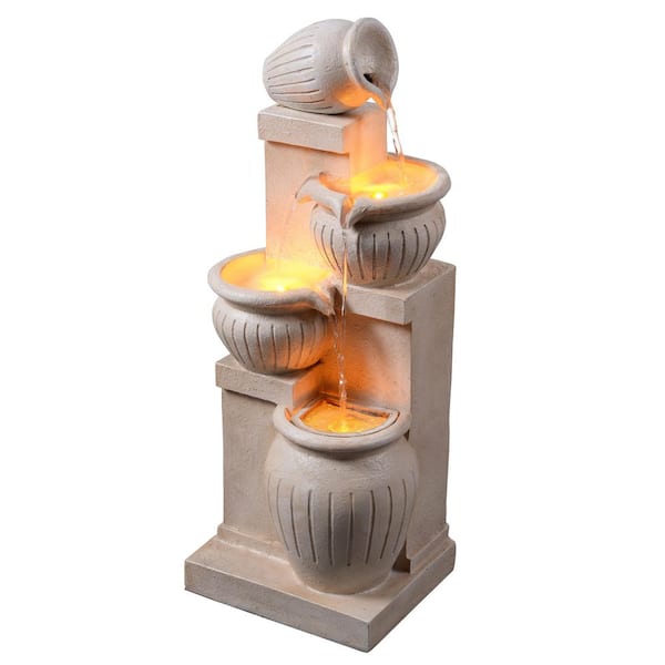 28.35 in. Solar Polyresin 4-Tier Cascade Fountain with LED Light, Adjustable Flow Rate, and Natural Finish
