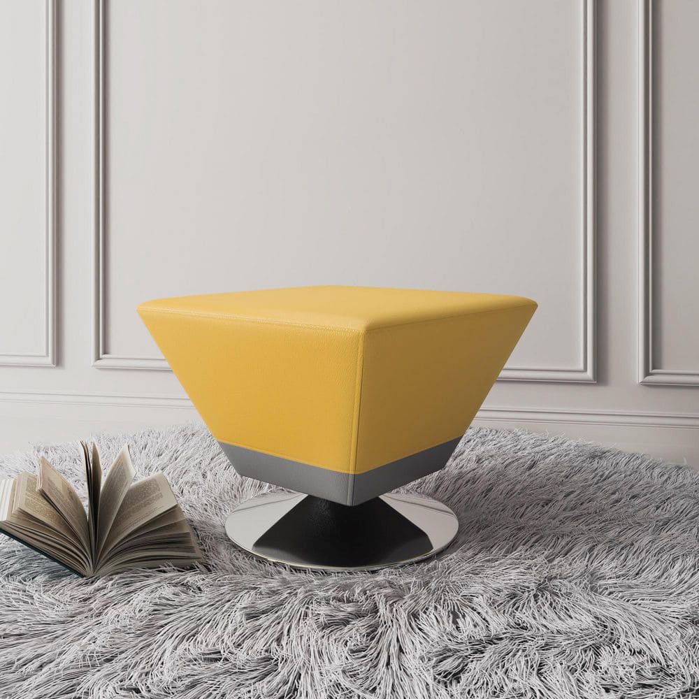 Yellow Faux Leather and Chrome Swivel Ottoman