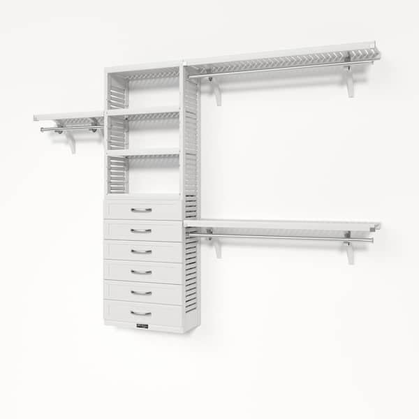 72 in. W - 120 in. W White Reach in with 6 Shaker Style Drawers 12 in. Shelf Wood Closet System