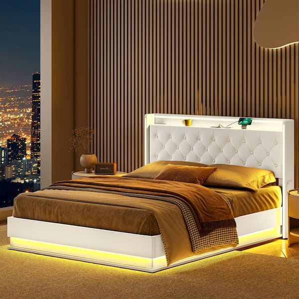 JAYDEN CREATION Einav White Modern Metal Frame Queen Platform Bed with Charging Ports