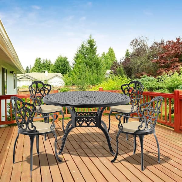 Willit Lily Black 5-Piece Cast Aluminum Outdoor Dining Set with Round Table and Dining Chairs with Random Color Cushion