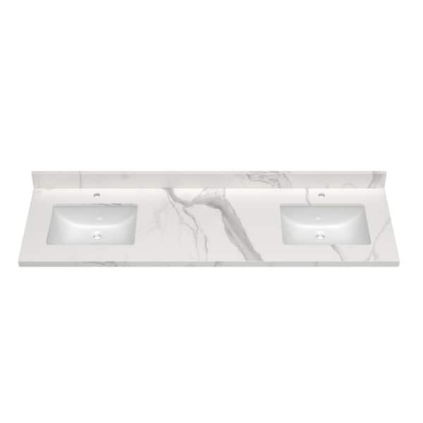 Xspracer Victoria 73 in. W x 22 in. D Engineered Stone  with Double Rectangle Ceramic Sink Vanity Top in Carrara White