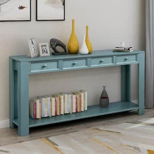 64 in. L Dark Blue Console Table for Entryway with Storage Drawers and Bottom Shelf