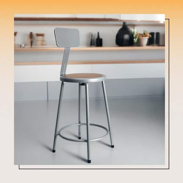 HAMPDEN FURNISHINGS Felix Collection 24 in. Stool with Backrest, Grey Metal Frame, Masonite Seat Pan, Assembly Ready