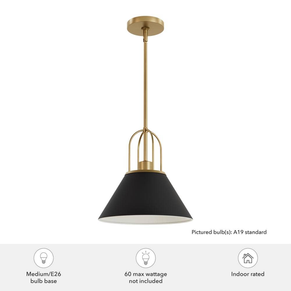 12" Matte Black and Gold Cone Pendant Light