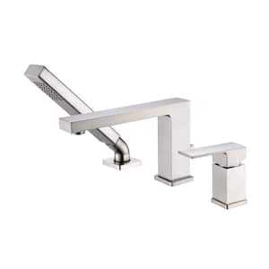 Single-Handle Deck-Mount Roman Tub Faucet with Hand Shower in Brushed Nickel