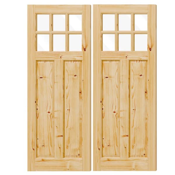 60 in. (Double 30 in. ) x 80 in. x 1.73 in. Universal 6 Lite, Clear Glass, Light Brown Pine Wood Front Door Slab
