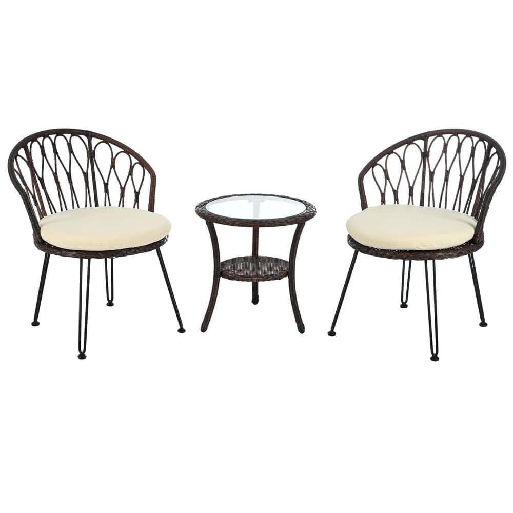 3 Piece Brown Wicker Round Outdoor Bistro Set with Beige Cushions, Patio Le