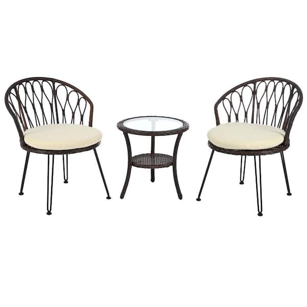 Unbranded 3 Piece Brown Wicker Round Outdoor Bistro Set with Beige Cushions, Patio Leisure Set for Balconies Courtyards
