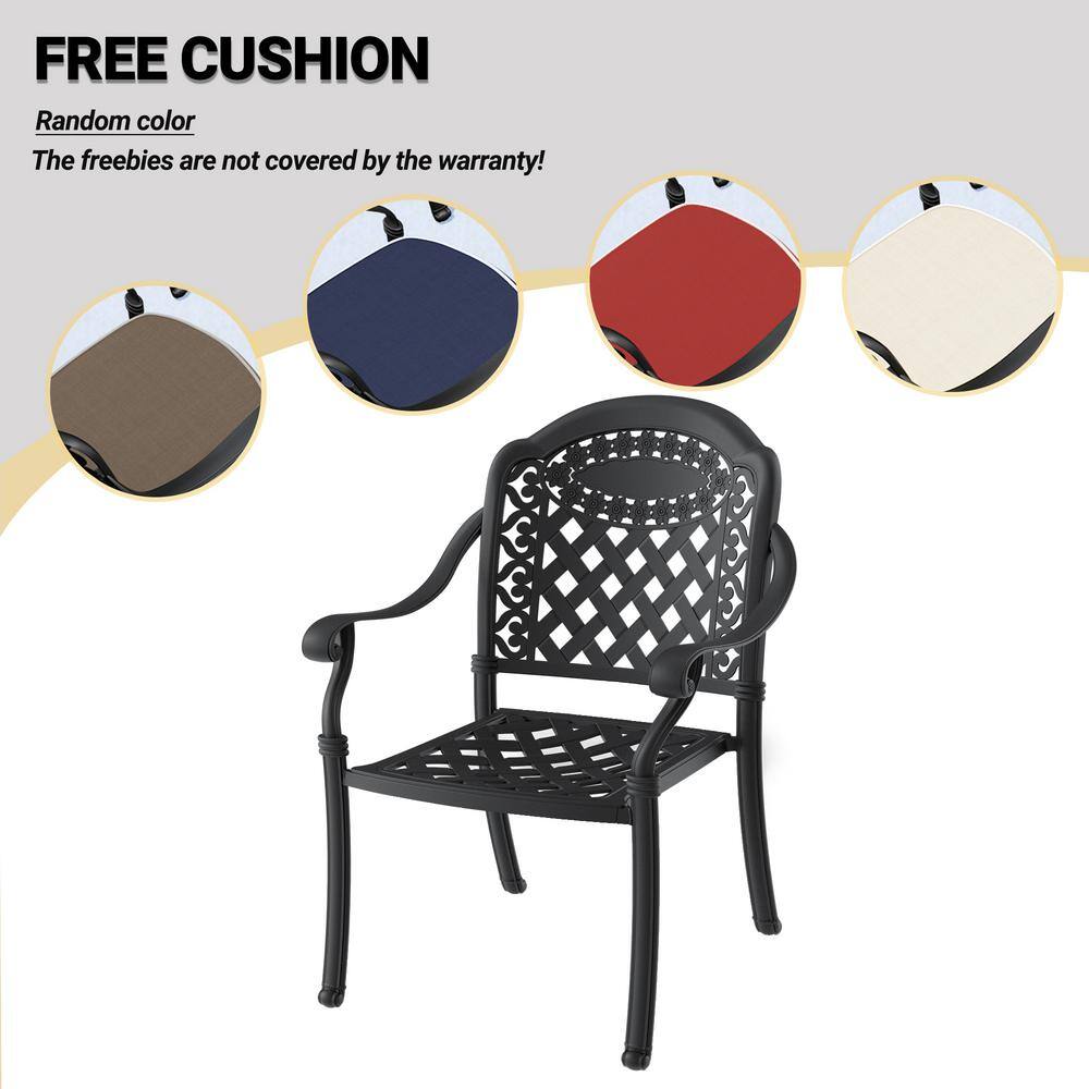 Matte Black Cast Aluminum Outdoor Dining Armchairs with Multicolor Cushions