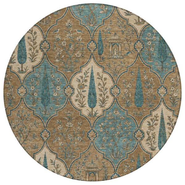 Chantille Machine Washable Indoor/Outdoor Abstract ACN3018 Brown 8 ft. x 8 ft. Round Rug