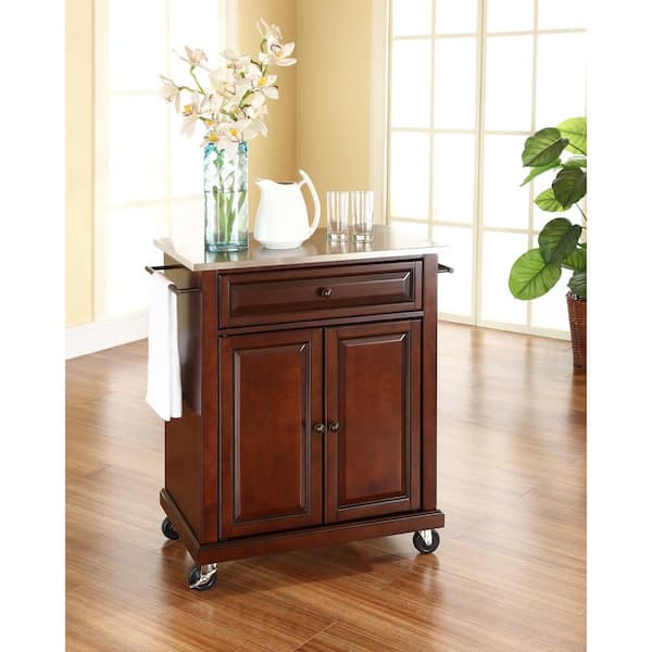 Rolling Mahogany Kitchen Cart with Stainless Top