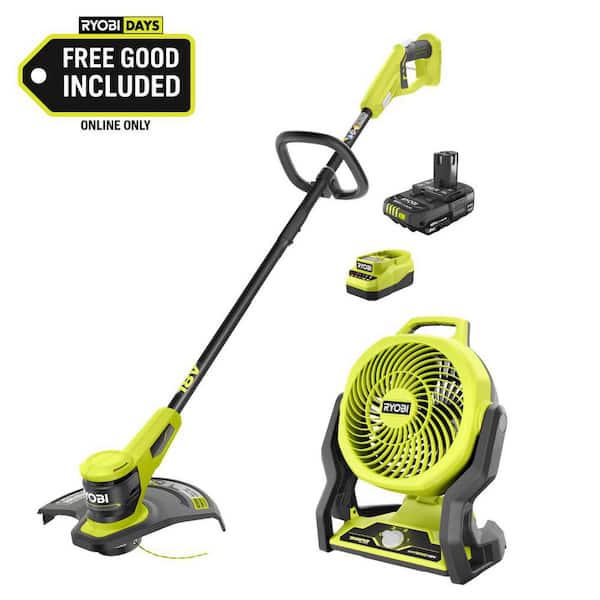 ONE+ 18V 13 in. Cordless Battery String Trimmer with 2.0 Ah Battery, Charger, & FREE  Hybrid WHISPER SERIES 7-1/2" Fan