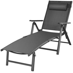 Metal Outdoor Chaise Lounge Folding Reclining Chairs w/7 Position Headrest Pillow Grey