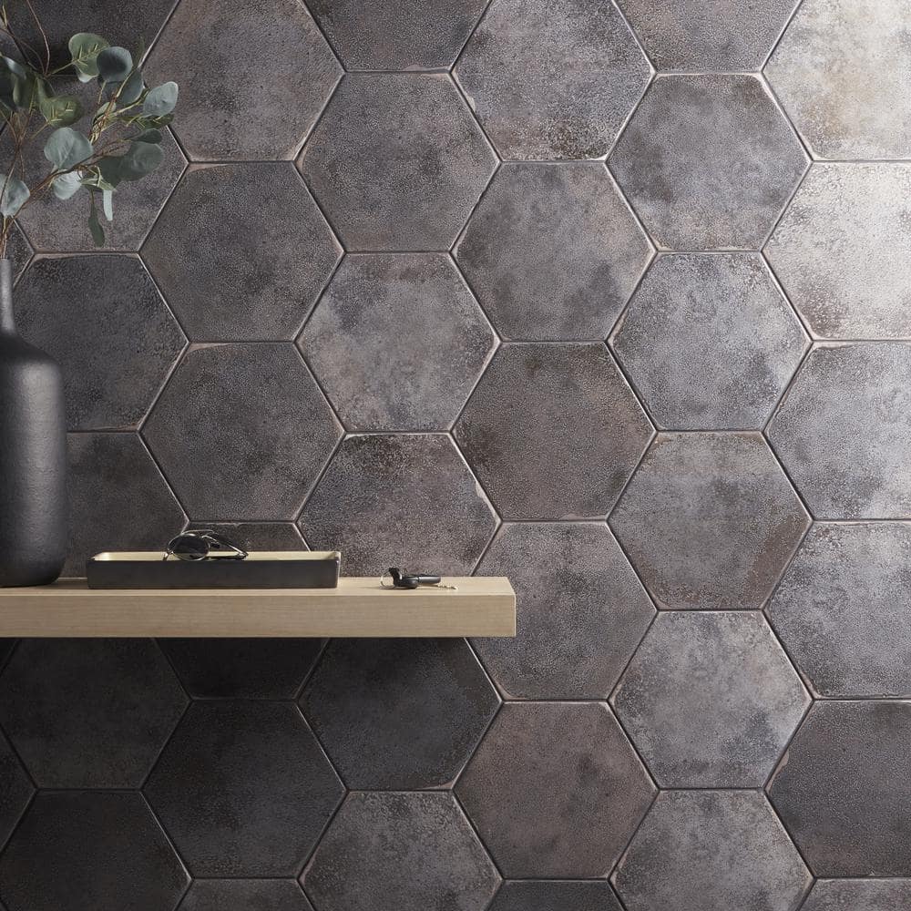 Vandalay Hex 9.13 in. x 10.51 in. Polished Gray Porcelain Tile