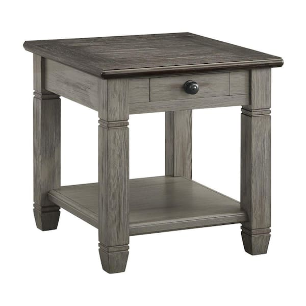 Benjara 24 in. Coffee Brown and Gray Square Wood End Table with 1-Drawer and Lower Shelf