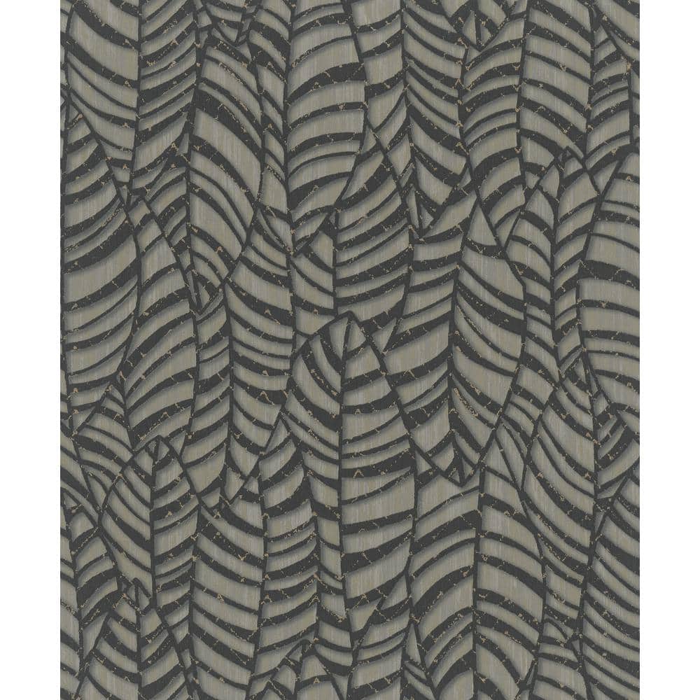 Metallic Black/Brown Botanical Leaves Design Vinyl on Non-Woven Non-Pasted 