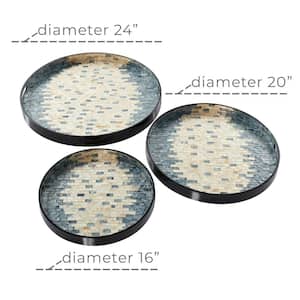 Blue Handmade Mother of Pearl Decorative Tray with Slot Handles (Set of 3)