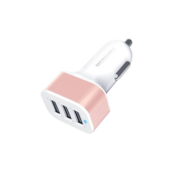 Merkury Innovations 3-Port 3.4 Amp USB Car Charger, White/Rose Gold