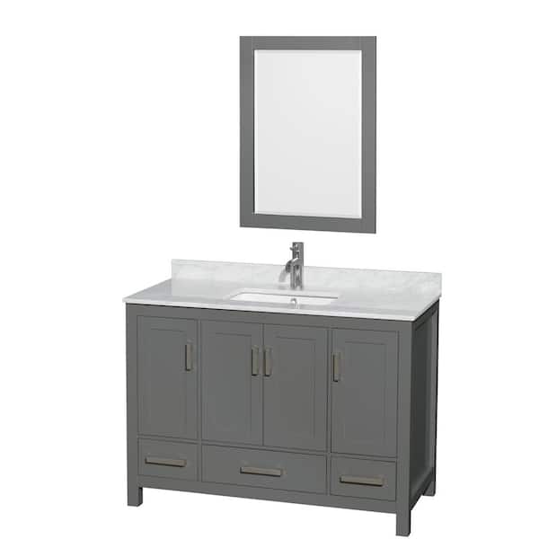 Wyndham Collection Sheffield 48 in. W x 22 in. D x 35 in. H Single Bath Vanity in Dark Gray with White Carrara Marble Top and 24" Mirror