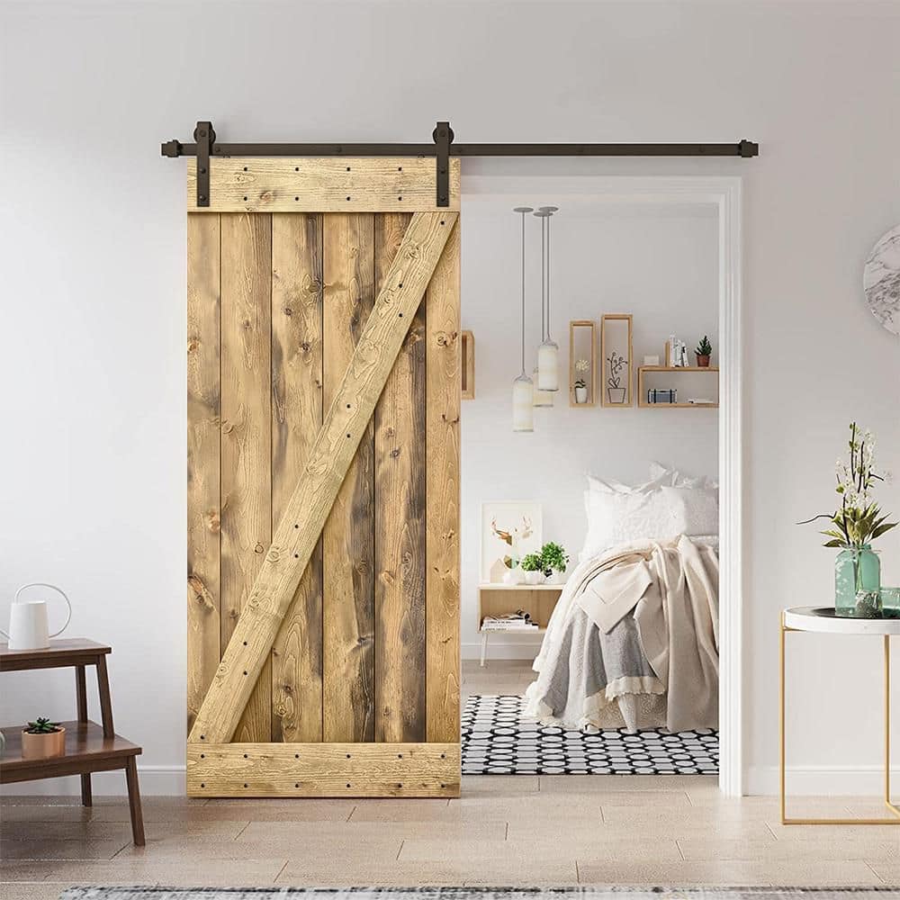 Weather Oak Pine Wood Sliding Barn Door with Hardware Kit