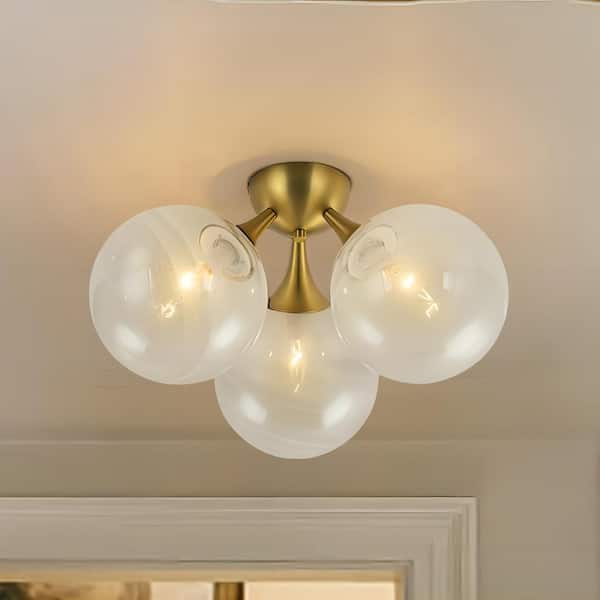 RRTYO Eterniti 16.9 in. 3-Light Gold Modern Sputnik Cluster Semi-Flush Mount Light with White Strie Bubble Globe Glass Shade