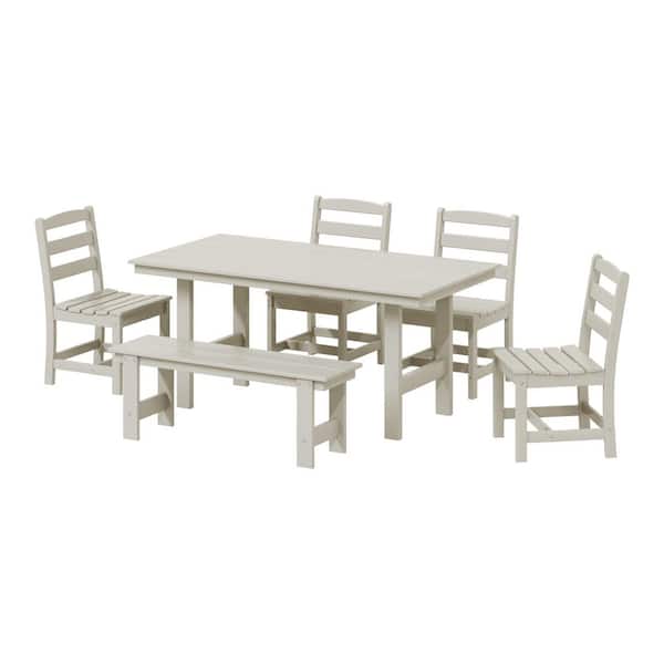 Shoreside 6-Piece All Weather HDPE Plastic Outdoor Patio Dining Set w/ Side Chairs and Bench, Sand