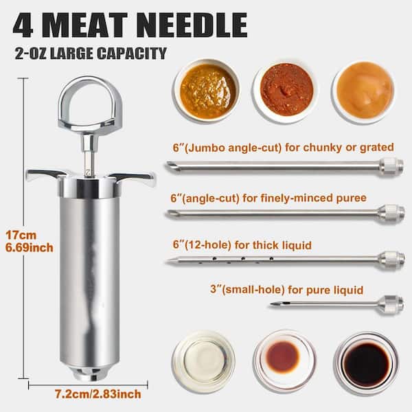 Wudkey Stainless Steel Meat Injector Syringe Kit with 4 Marinade
