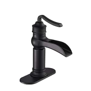 Single Handle Single Hole Mid-Arc Waterfall Bathroom Sink Faucet with Deckplate Pop-Up Drain in Matte Black