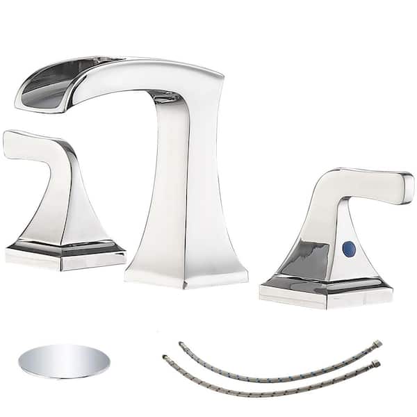 FLG 8 in. Widespread Double Handle Brass Waterfall Bathroom Sink Faucet with Pop-Up Drain Assembly Kit in Polished Chrome