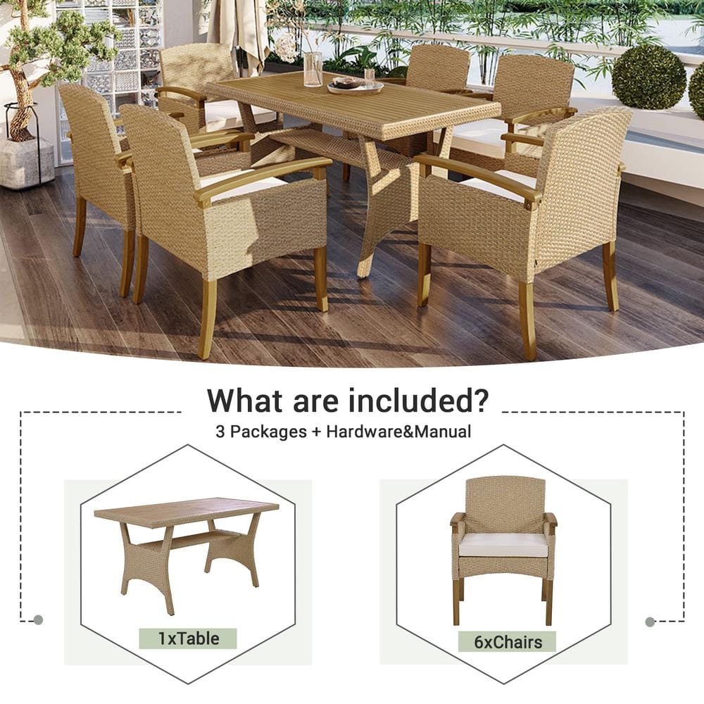 7-Piece Metal Outdoor Dining Table Set with White Cushions All Weather PE R