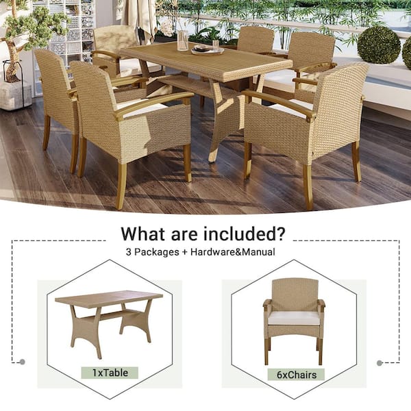 Unbranded 7-Piece Metal Outdoor Dining Table Set with White Cushions All Weather PE Rattan Dining Set with Wood Tabletop