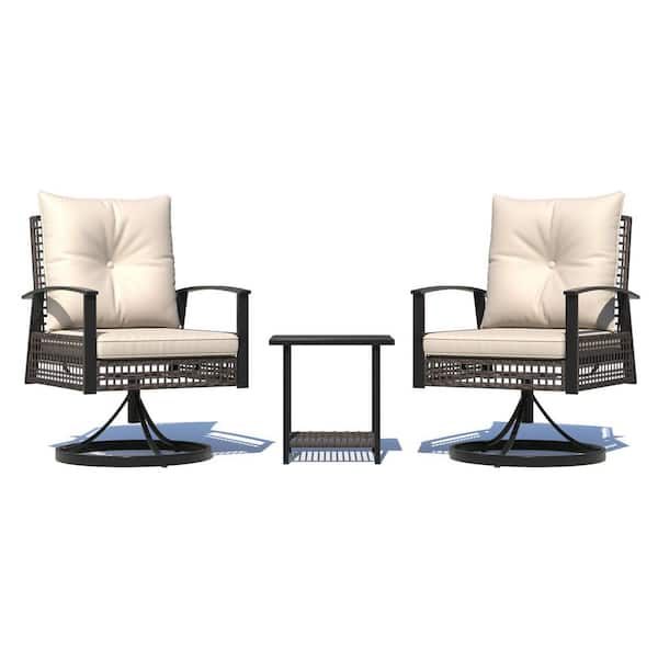HOMMOW 3-Piece Wicker Outdoor Bistro (Set for 2) Patio Swivel Rocker Chairs with Beige Thickened Cushions and 1 Coffee Table