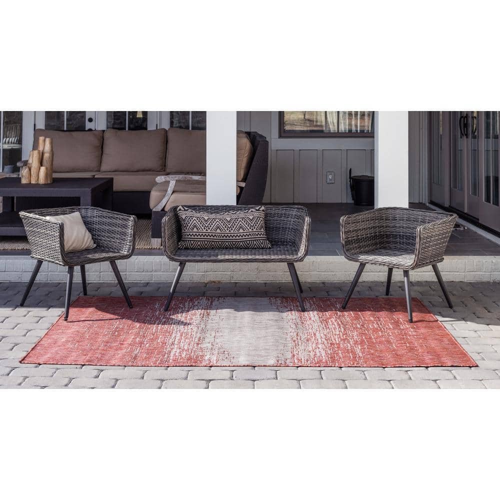 Rust Red and Gray Synthetic Outdoor Rectangular Area Rug