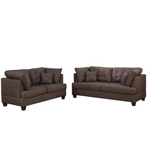 75 in. Square Arm 2-Piece Linen Rectangle Sectional Sofa in Black Coffee