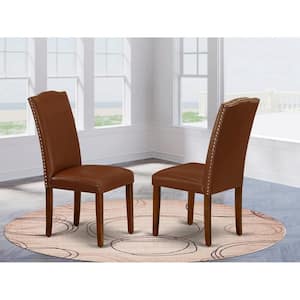 Mahogany, Parsons Dining Chairs - Nailhead Trim Brown Faux Faux Leather Upholstered Chairs, Set Of 2