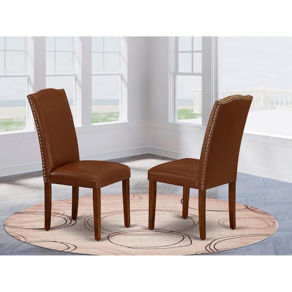 East West Furniture Mahogany, Parsons Dining Chairs - Nailhead Trim Brown Faux Faux Leather Upholstered Chairs, Set Of 2